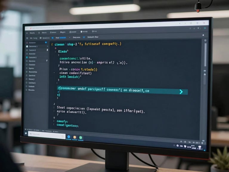 Close-up of a developer analyzing clean code on a high-resolution screen in a cool-toned modern workspace, sharp focus, 35mm lens