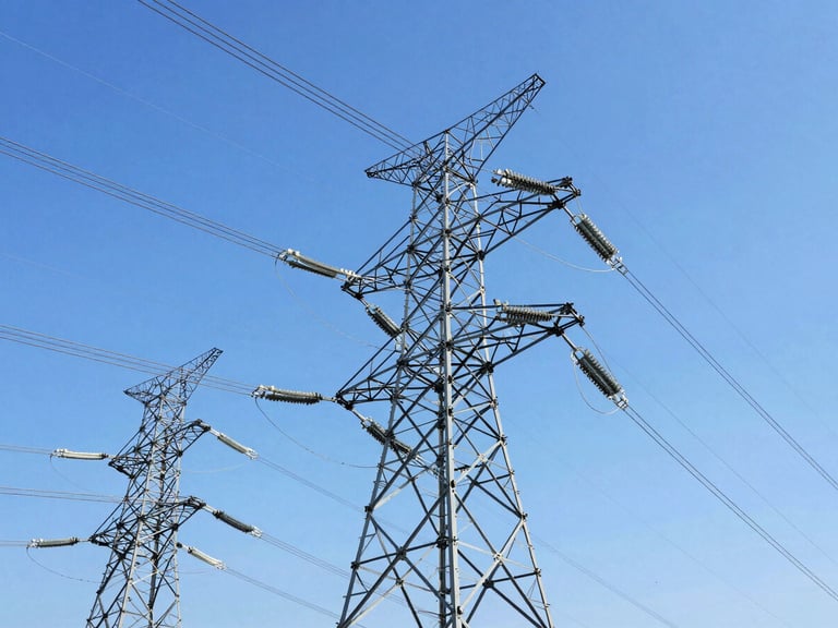 Low-angle heroic shot of high-voltage transmission towers against a crisp clear blue sky, bright daylight, sharp focus, professional industrial photography.