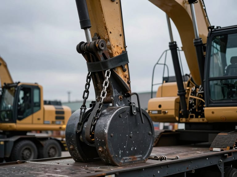Close-up of heavy-duty rigging chains and tension binders securing a large excavator onto a flatbed trailer, dramatic overcast daylight, highlighting steel textures.