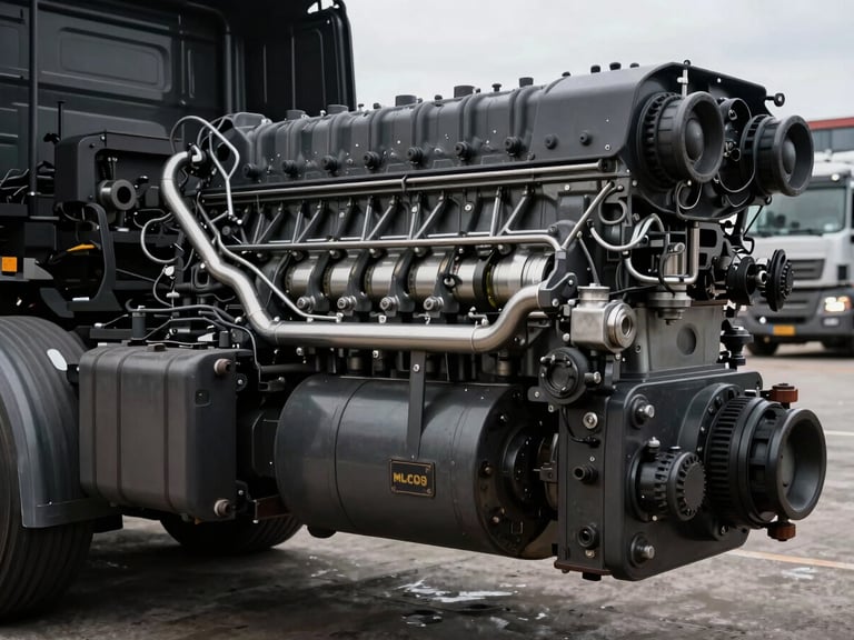 Detailed close-up of a well-maintained heavy-haul truck engine or suspension system, clean and robust, under workshop lighting, highlighting industrial precision.