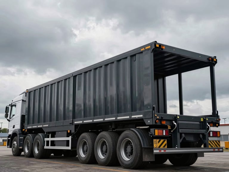 Low-angle heroic shot of a multi-axle heavy transport trailer, empty, showcasing its robust frame and numerous wheels, dramatic overcast daylight.