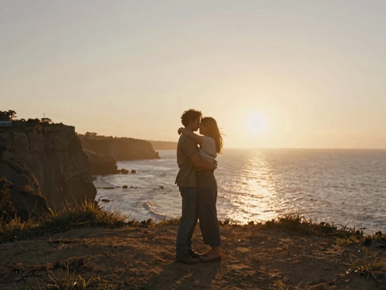 Cinematic wide shot of a couple embracing on a windy coastal cliff at sunset, warm backlighting, soft lens flare, authentic emotion, 35mm film aesthetic