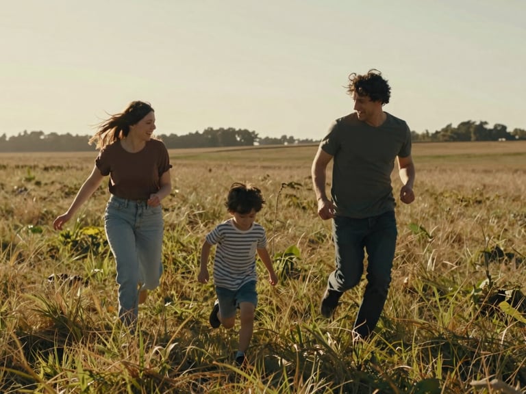 Candid shot of parents running with their children through a sun-drenched meadow, wind-blown hair, authentic interaction, warm natural earth tones