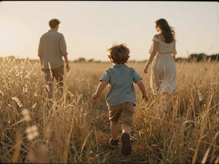 A child running through tall golden grass toward their parents, backlit by a warm setting sun, soft focus, cinematic 35mm aesthetic