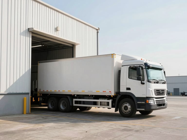 Clean warehouse dock with cargo being loaded onto a Zaria Enterprises Inc truck, bright morning daylight, crisp commercial photography