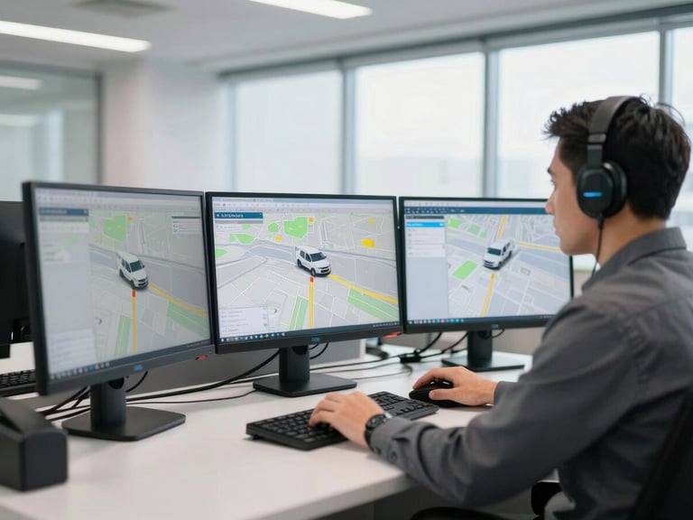 Professional dispatcher at a desk with multiple screens, tracking vehicles on a map, focused and efficient, bright office lighting