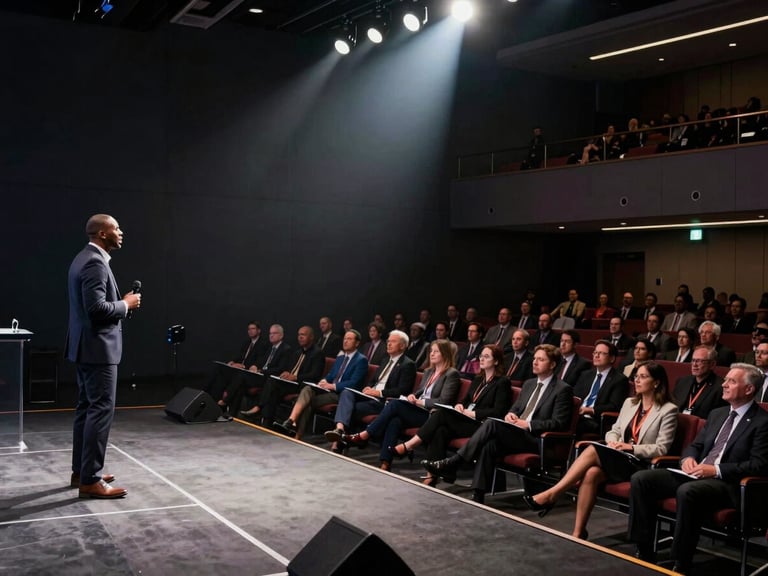 Wide-angle environmental shot of Marcus Vance speaking on a corporate stage to an engaged audience of executives in a modern auditorium, dramatic spotlighting.