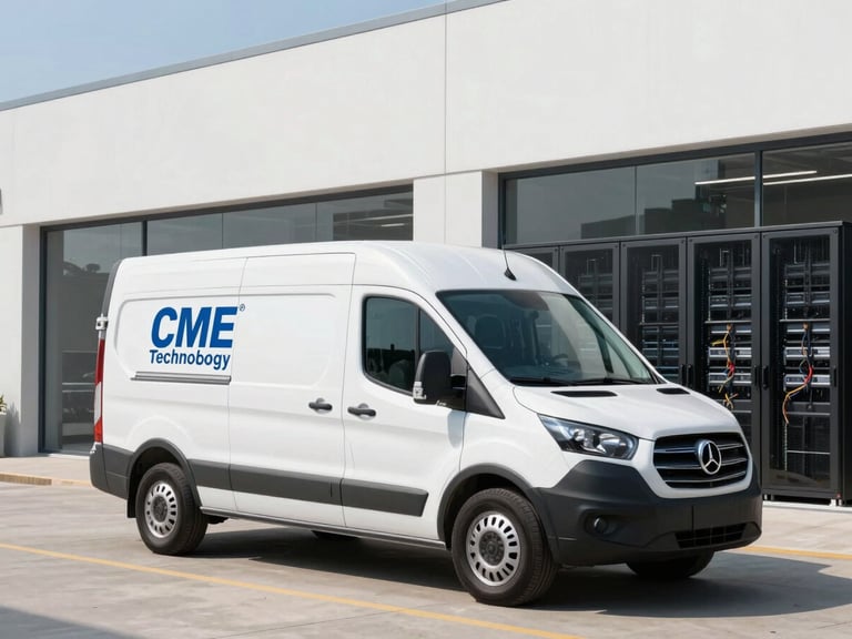 Wide environmental shot of a clean, branded CME Technology service van parked outside a modern commercial facility, crisp morning light, 35mm lens.