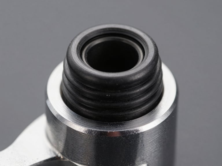 Close-up of a high-durometer black rubber dynamic seal mounted on a polished chrome automotive shaft, sharp metallic highlights.