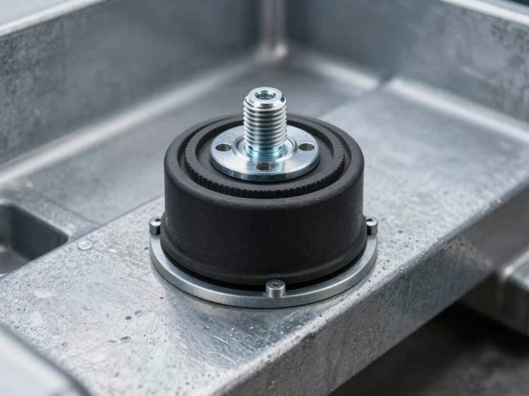 Heavy duty industrial rubber vibration isolator bolted to a steel chassis, industrial environment, cool steel tones.