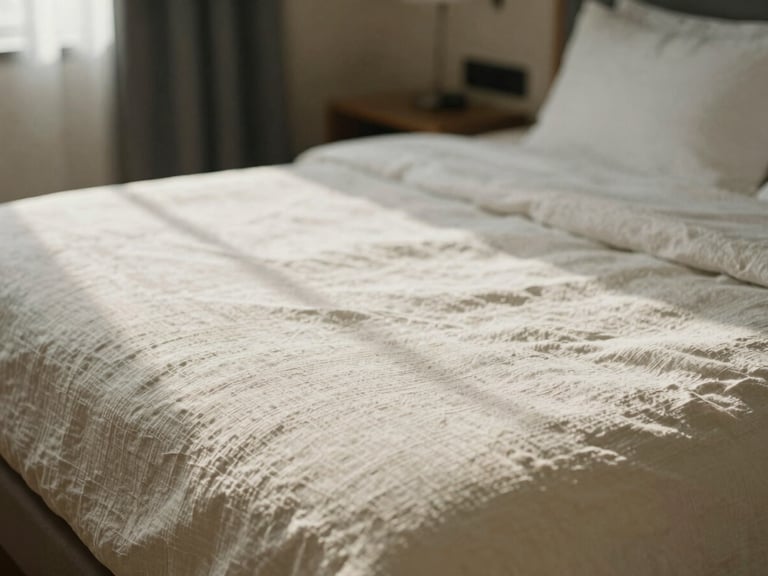 Close-up of tactile linen bedding on a bed in a minimalist residential hotel suite, soft afternoon light, quiet, serene atmosphere, medium format film aesthetic.