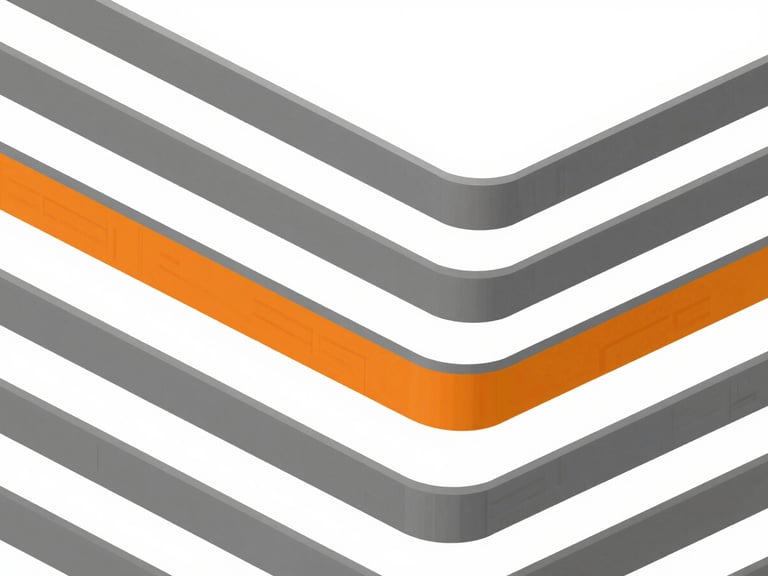 Abstract geometric illustration of layered architectural planes, clean slate grey and sharp orange accents, stark white negative space, grid-aligned
