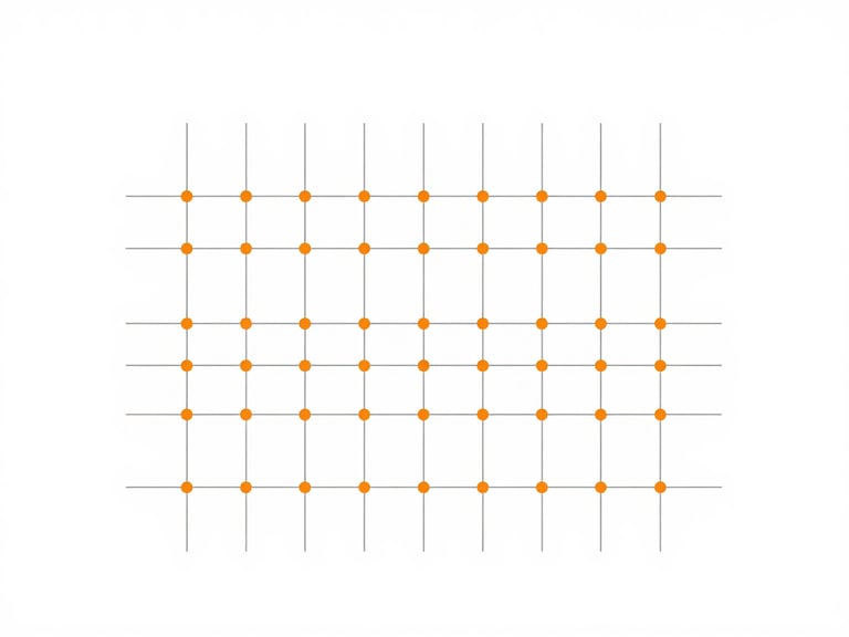 Minimalist vector illustration of a stylized network grid with orange nodes, clean lines, high-key stark white background, precise geometric composition