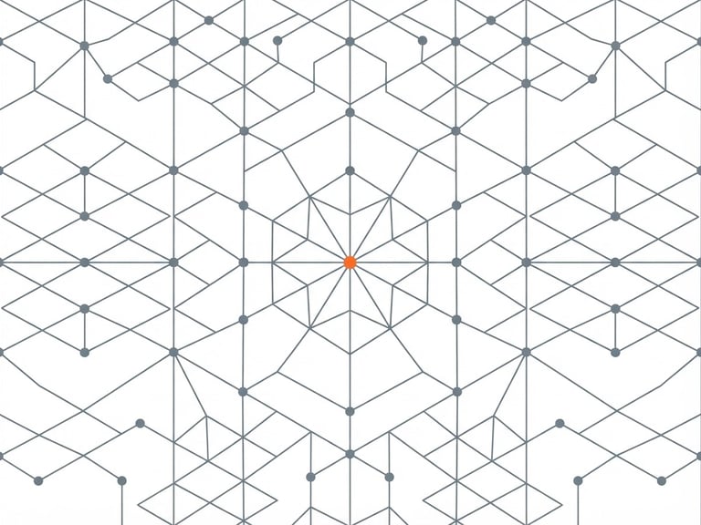 A minimalist geometric vector illustration of interconnected structural nodes, high-key lighting, slate gray lines with a single orange focal point, generous negative space.