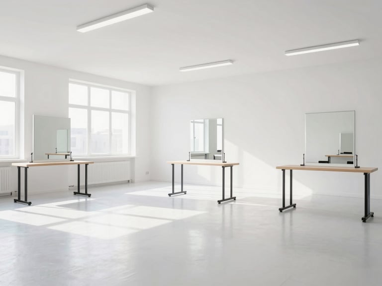 Bright, clean white academy interior showing organized training floor with empty styling stations, sharp daylight, minimalist architectural perspective.