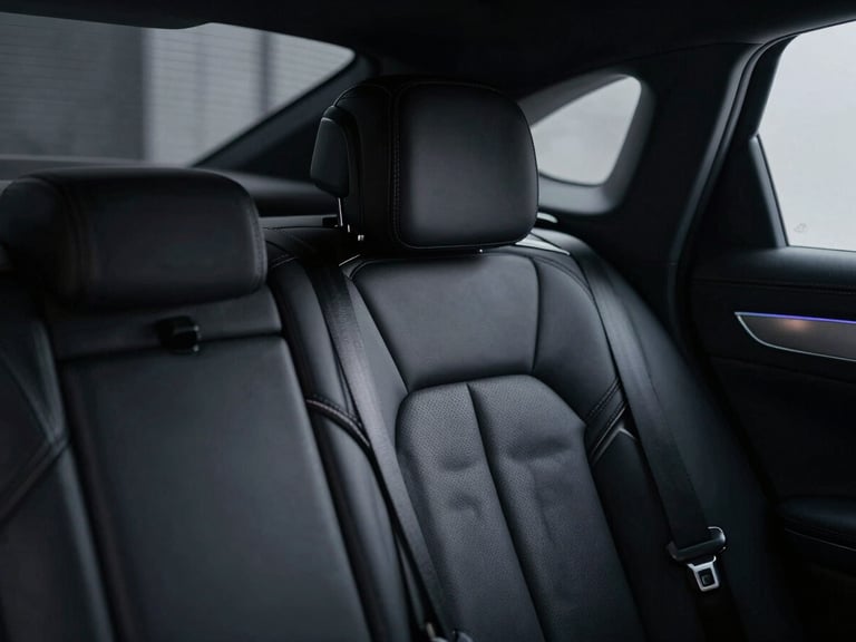 Cinematic close-up of a luxury sedan rear cabin, hand-stitched black leather seats, brushed metal accents, soft ambient lighting, moody atmosphere, shallow depth of field