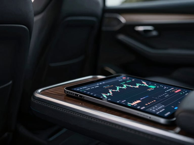 Extreme close-up of a premium leather armrest inside a luxury vehicle cabin, a modern tablet showing financial charts resting on a polished wood console, soft ambient lighting, moody atmosphere