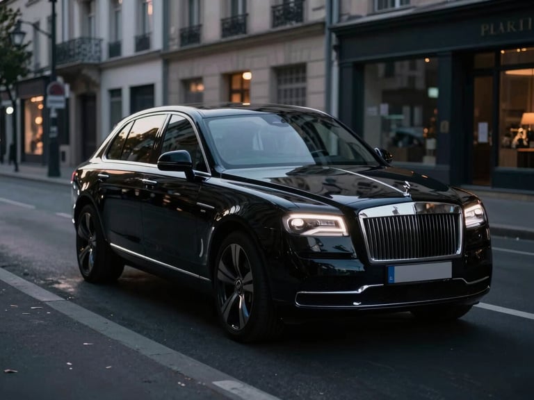 Cinematic shot of a black luxury multi-purpose vehicle driving through a quiet European city street at dusk, soft reflections of streetlights on the polished black paint, low-key lighting