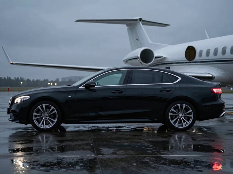 Side profile of an unmarked black executive sedan parked outside a private aviation terminal at dusk, moody overcast lighting, wet asphalt reflections