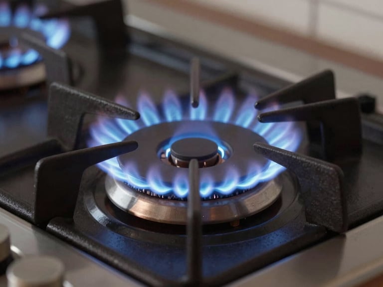 Close-up of a perfectly calibrated blue gas flame burning evenly on a high-end range burner, dark cast iron background.