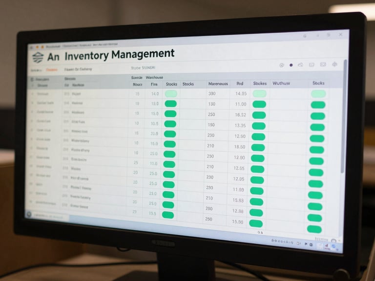 An inventory management dashboard on a desktop monitor, showcasing multi-warehouse stocks, tabular layout, and active mint-green indicators
