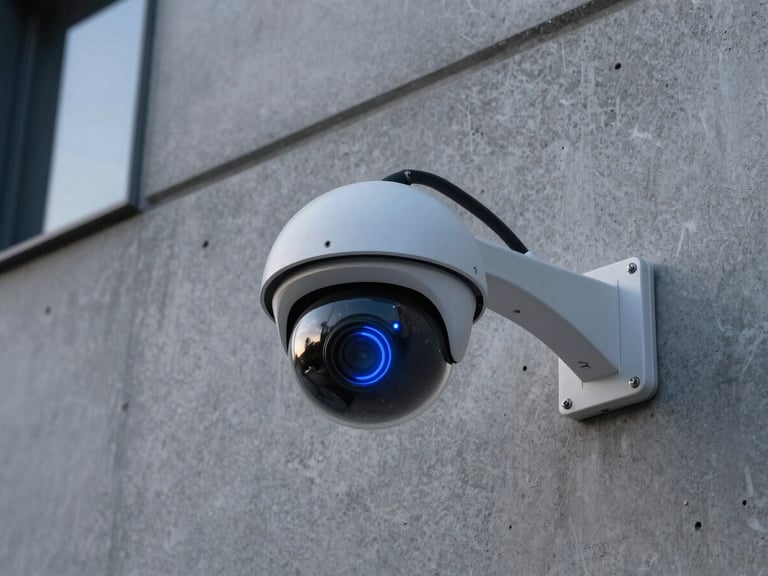 Architectural close-up of a high-tech dome security camera mounted on a modern concrete wall at dusk, sharp blue status LED glowing, clean wiring, professional installation.