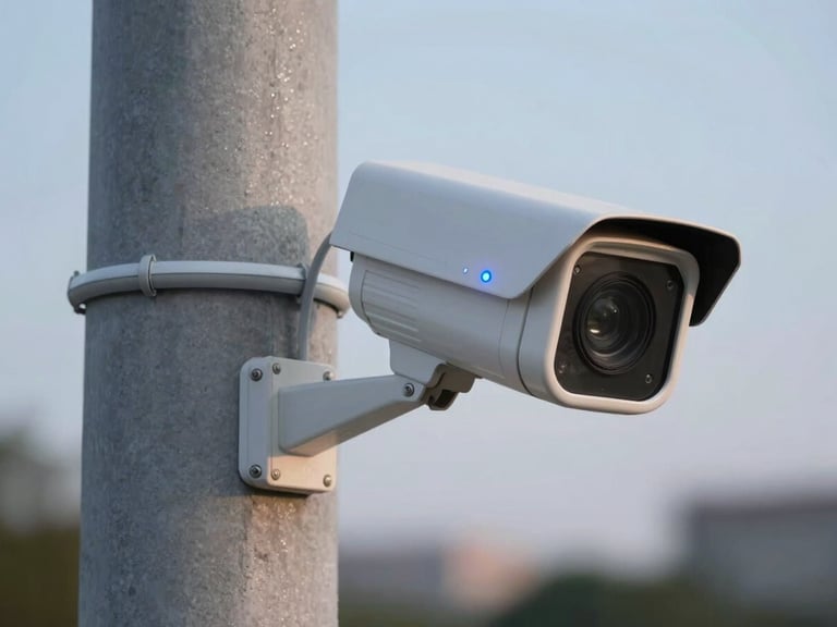 Close-up of a high-tech outdoor security camera mounted on a concrete column, clean professional wiring conduit, soft blue indicator light, dusk background