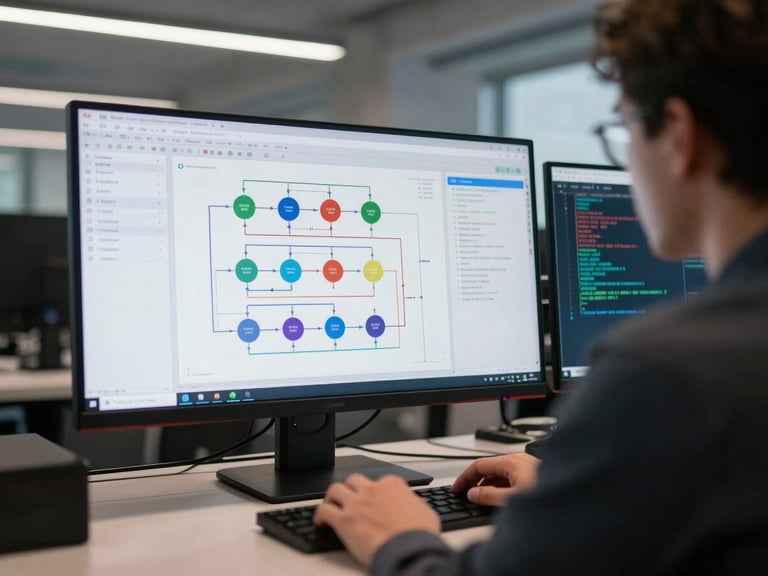 Over-the-shoulder view of an engineer at a wide monitor displaying a system architecture diagram with node graphs and data pipeline flows, cool overhead office lighting, a second screen showing a terminal with scrolling output, tight framing on the desk and screens