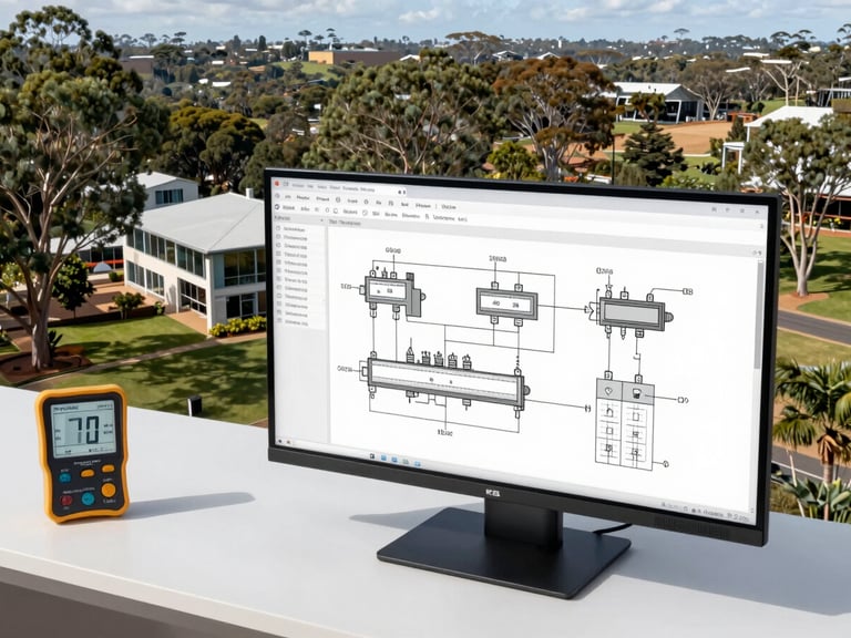 Engineer reviewing commercial electrical schematics on a large monitor, with a power meter in the foreground, crisp architectural photography, bright Australian daylight, deep eucalyptus greens and clean whites.
