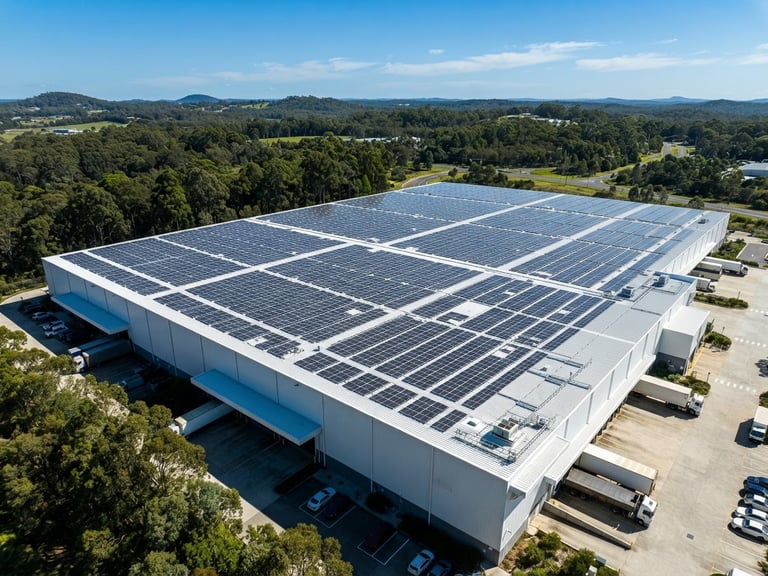 Wide architectural drone shot of a large commercial solar array on a warehouse roof in bright Australian daylight, clear skies, high-contrast sun and shadow, deep eucalyptus and clean whites.