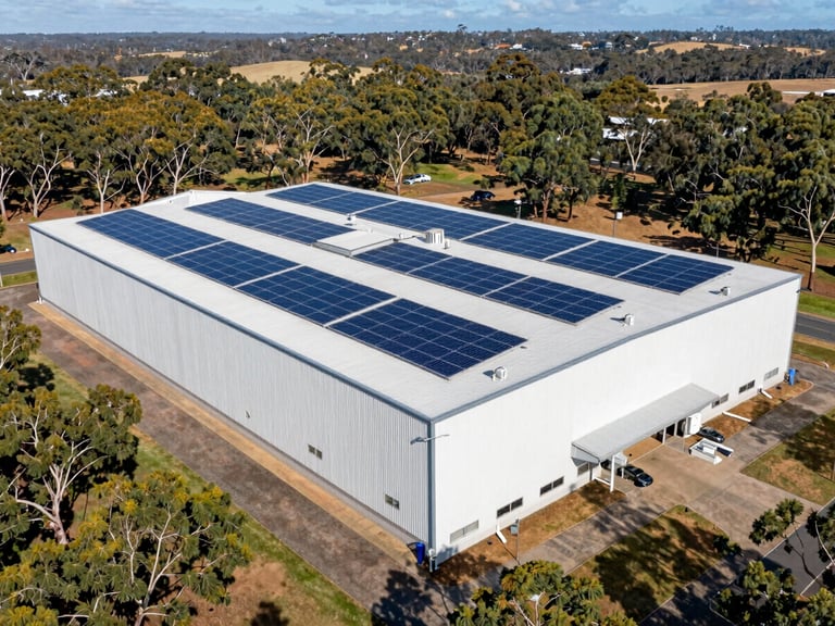 Wide architectural drone shot of a large, modern cold storage facility with a meticulously installed commercial solar array on its roof, under bright Australian daylight.