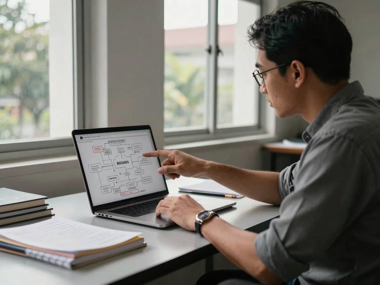 A quiet academic workspace in Yogyakarta, natural daylight streaming through high windows, focused mentor pointing at a structured research mind map on a laptop screen, clean table with journals