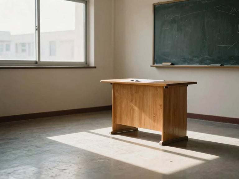 Wide shot of a teaching studio in the UAE, Oud resting on a wooden stand near a window, afternoon light casting a long shadow across the floor, no people, intimate and quiet