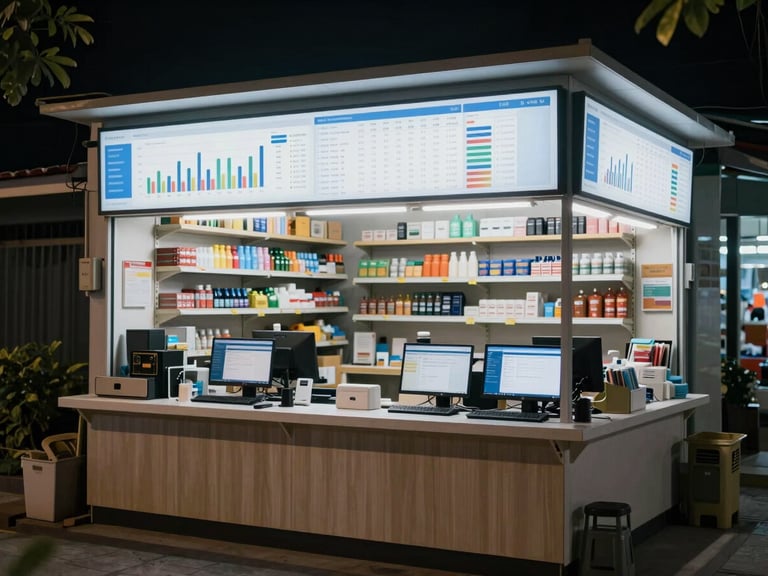 Wide environmental shot of a small Indonesian retail workspace at night, screens displaying dashboard interfaces with sales charts and inventory numbers, organized counter and shelving visible in soft overhead light, no people present