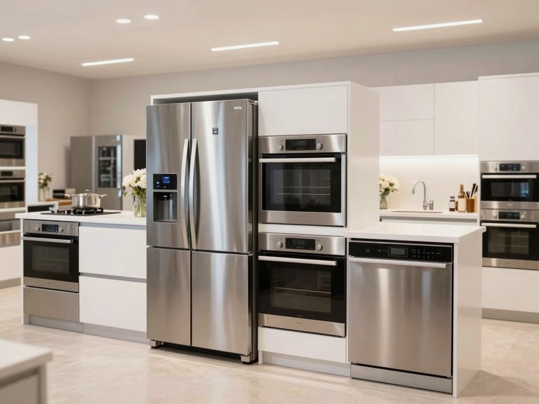 A modern kitchen full of sleek Vestel appliances, including a stainless steel refrigerator, oven, and dishwasher, arranged as an attractive wedding package display, under bright showroom lighting.