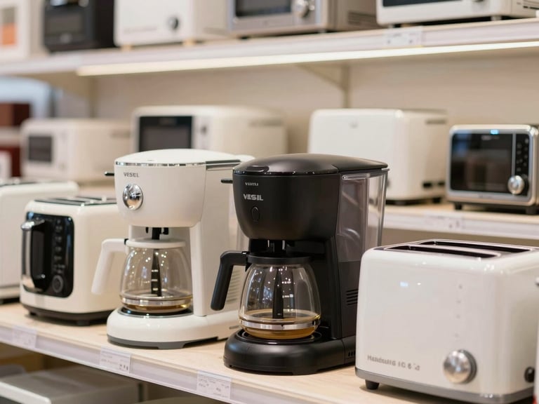 Assortment of small Vestel kitchen appliances (coffee maker, toaster) neatly arranged on a counter in a bright showroom, close-up details.