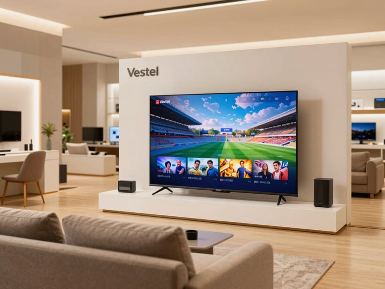 Large Vestel smart TV displaying vibrant content in a dedicated showroom section, comfortable seating, warm lighting, professional interior.