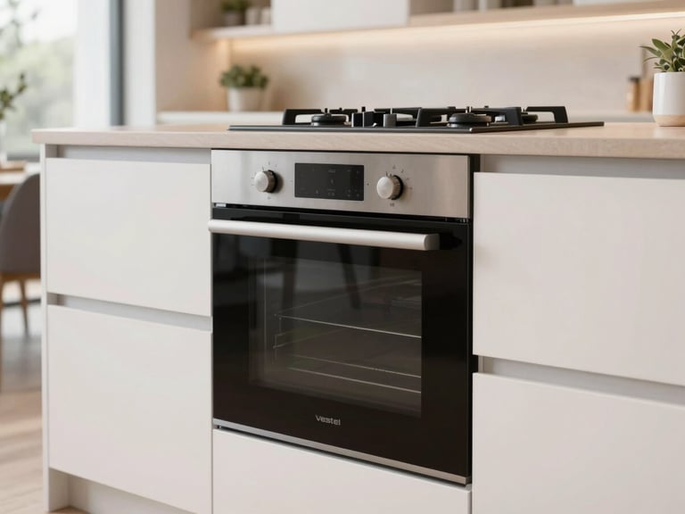 Sleek Vestel built-in oven and hob in a contemporary kitchen display within a showroom, natural light, focus on integrated design.