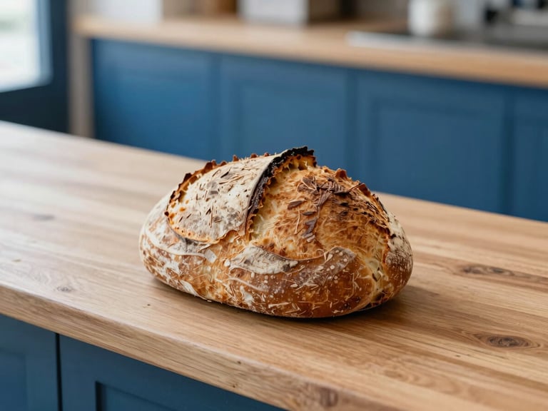 Close-up of a freshly baked sourdough bread on a wooden counter in a modern bakery, soft natural daylight, cool slate and electric blue tones, clean composition, 35mm lens