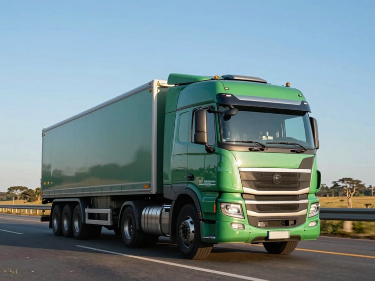 Modern heavy-duty truck on a Brazilian highway, sunrise, sharp focus, professional blue and green tones, 35mm