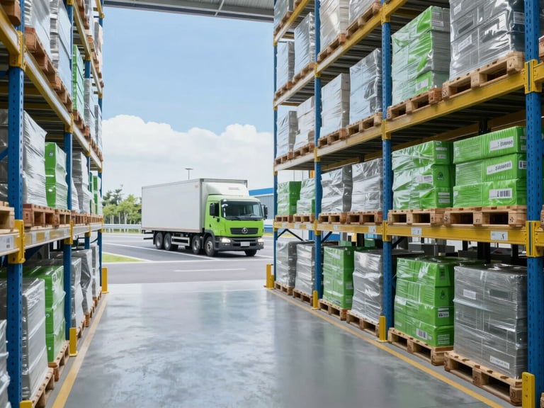 High-tech warehouse interior, organized shelves with pallets, clean and bright lighting, professional blue and green tones, 35mm