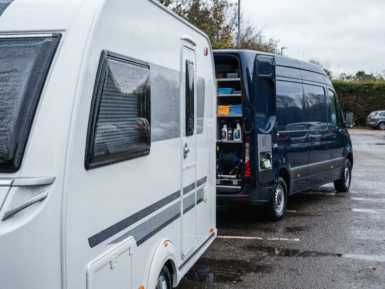A clean mobile detailing van parked next to a pristine caravan with water beading on its glossy ceramic-coated exterior, overcast daylight, high-contrast reflections