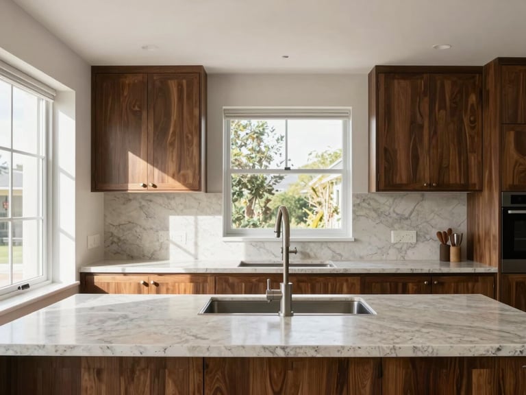 Straight-on architectural photography of a modern luxury kitchen with limestone countertops, custom dark wood cabinetry, bright natural daylight streaming through windows, 35mm lens, sharp focus.