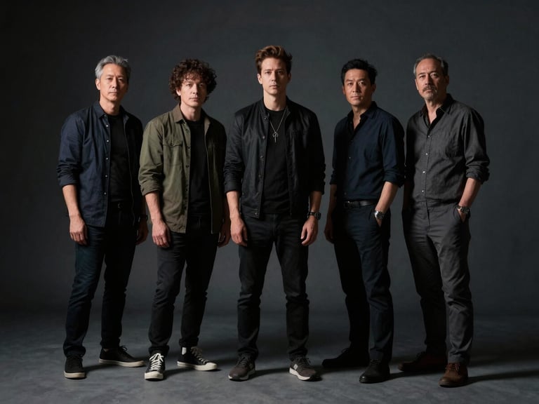 A wide, low-key studio portrait of five creative directors arranged at asymmetrical heights, dramatic chiaroscuro lighting from the side, deep charcoal background.