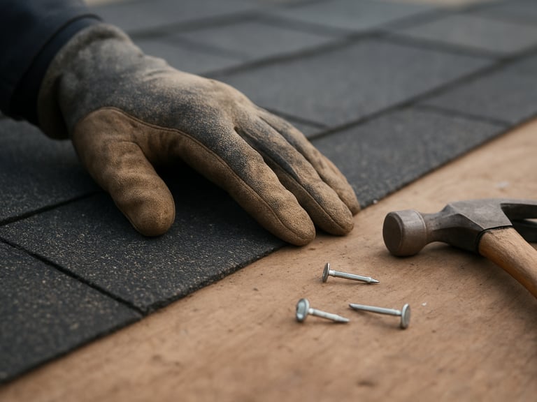 Close-up documentary shot of a roofer's gloved hands pressing down a shingle onto a roof deck in natural overcast daylight, roofing nails and a hammer visible nearby on the surface