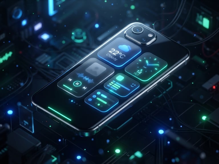 Sleek 3d render, dark-mode tech aesthetic, neon blue and green accent lighting, high-contrast glassmorphism, isometric angle of a floating Android device displaying responsive widgets.