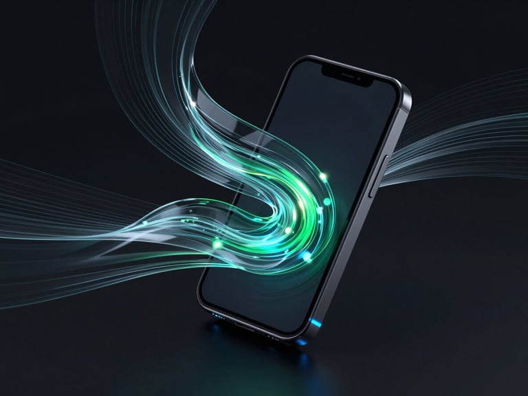 Sleek 3D render of abstract glassmorphic data flows swirling around a dark metallic mobile frame, neon blue accent lighting, isometric angle