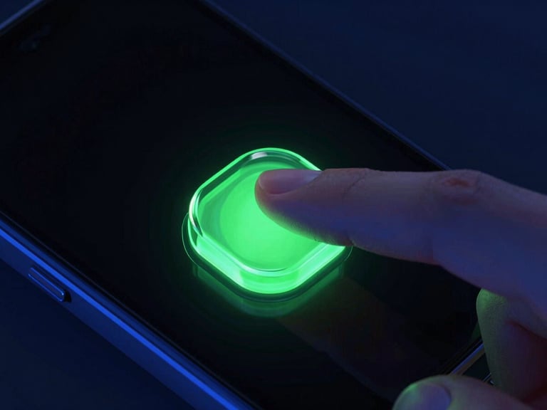 Extreme close-up of a finger tapping a glowing neon green glass button on a mobile screen, dark-mode tech aesthetic, macro angle