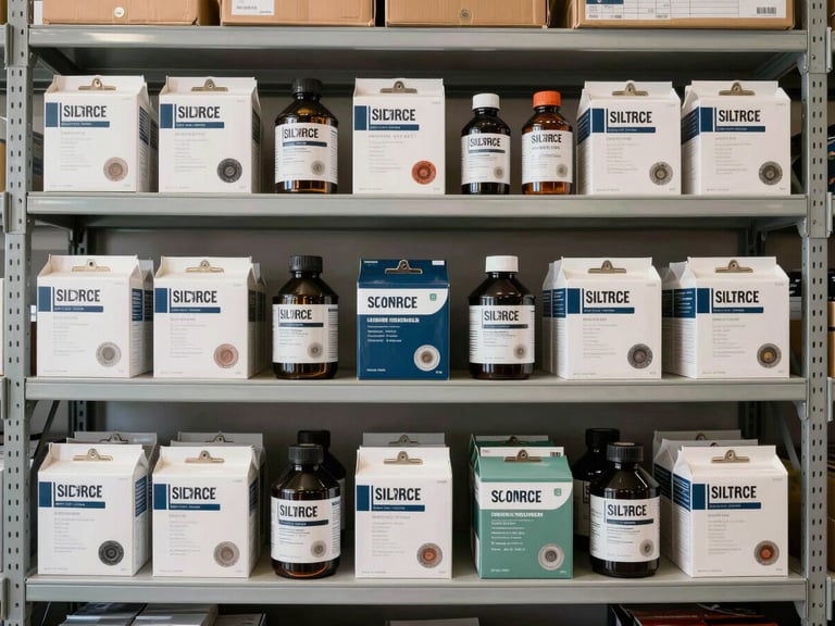 Wide overhead flat-lay of multiple product SKUs arranged in organized rows on a clean warehouse shelf, neutral daylight illumination, clipboard with checklist visible at frame edge, no people