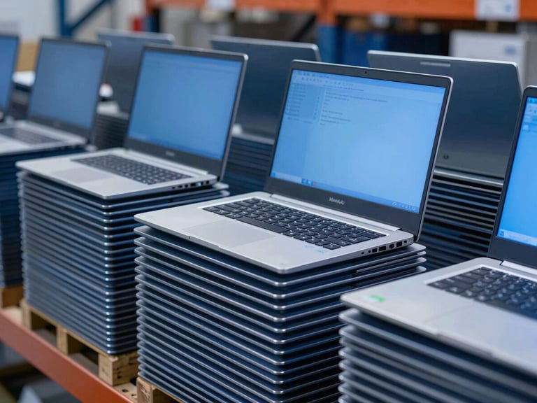 Close-up of clean warehouse logistics with organized stacks of enterprise laptops under cool studio lighting, deep blue tones